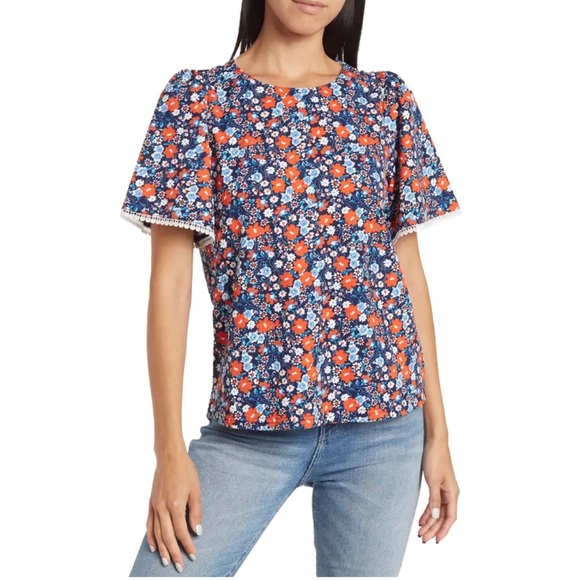 NWT💕MELLODAY Flutter Sleeve Crew Neck Top in Blue Coral Flrl Size XS - Picture 1 of 10